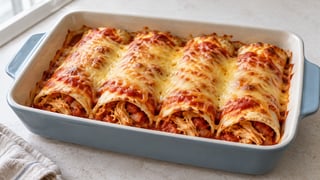 Tortillas gratinadas con pollo desmenuzado y tomate