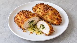 Poulet pané cuit coupé avec petite farce de beurre d’ail