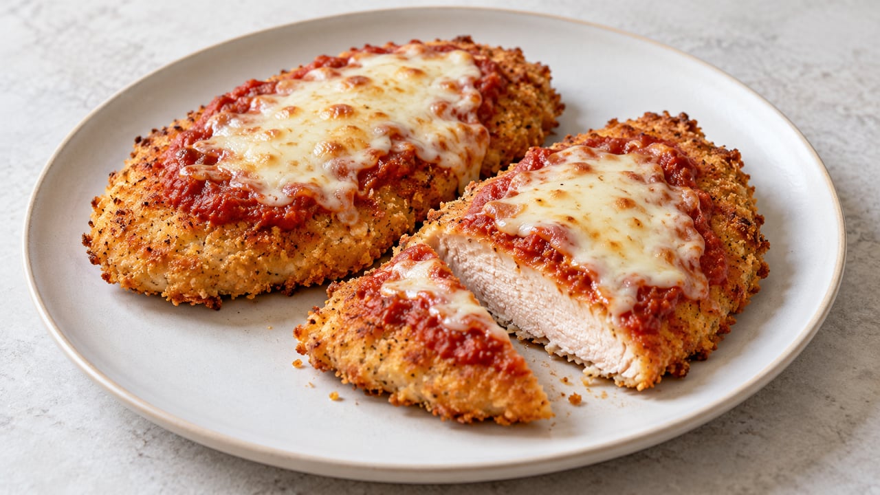 Due fettine di pollo panate con pomodoro e mozzarella, una tagliata con carne cotta
