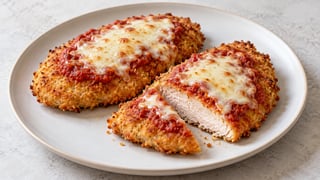 Dos filetes de pollo empanados con tomate y mozzarella, uno cortado con carne cocida