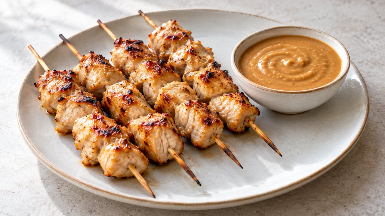 Brochettes de poulet cuites avec sauce cacahuète