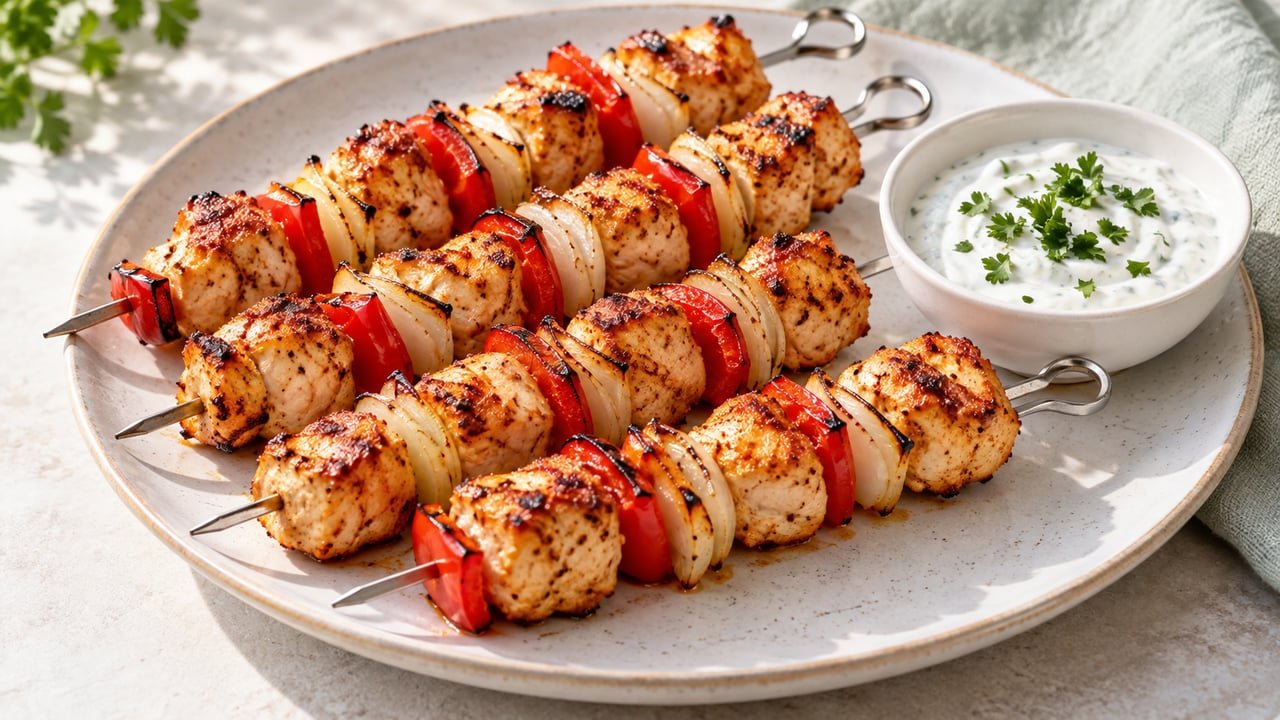 Quattro spiedini di pollo-paprika corti con cipolle e una ciotola di yogurt al prezzemolo