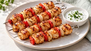 Cuatro pinchos cortos de pollo-paprika con cebolla y un tazón de yogurt de perejil