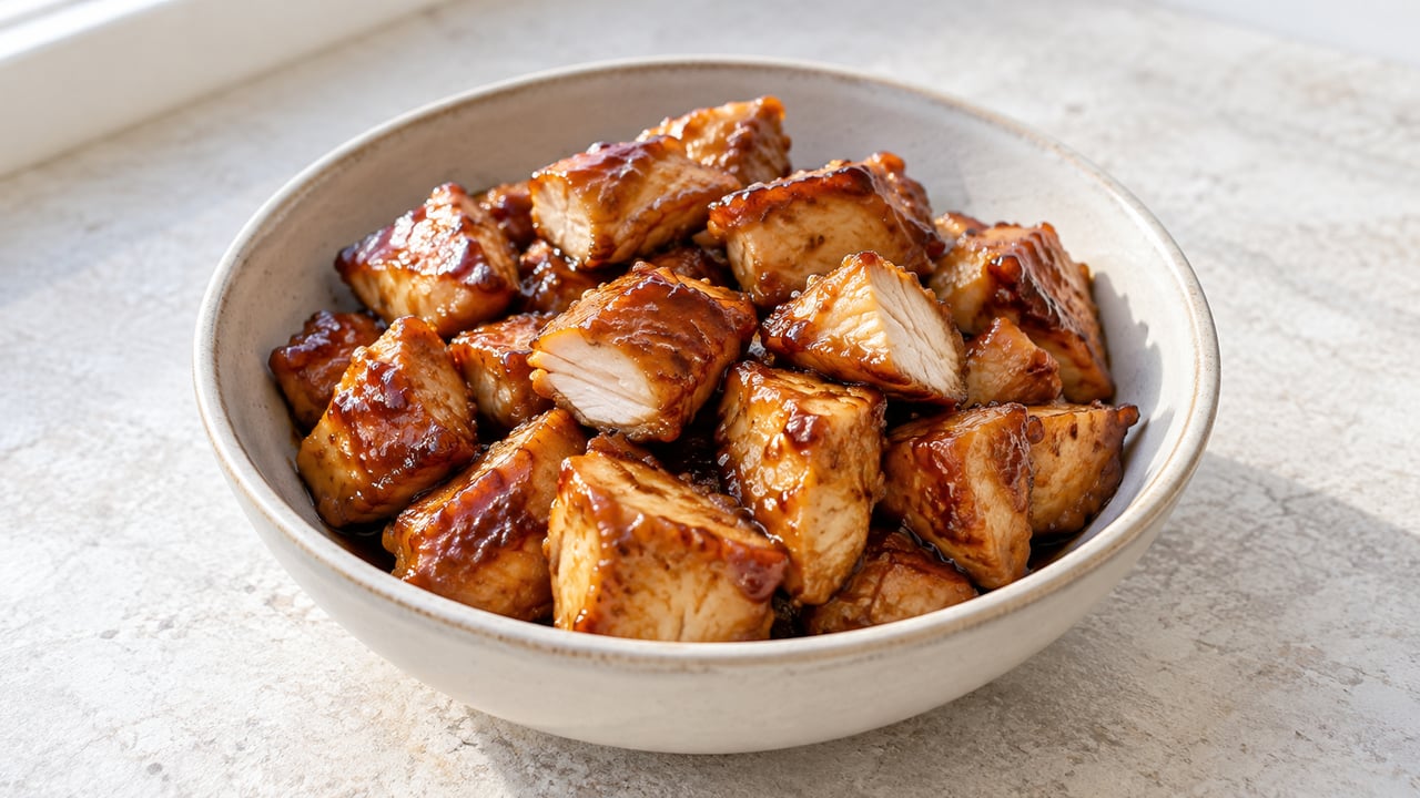 Cuocere i cubetti di pollo con sottile smalto di teriyaki oro scuro in una piccola ciotola