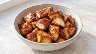 Cuocere i cubetti di pollo con sottile smalto di teriyaki oro scuro in una piccola ciotola