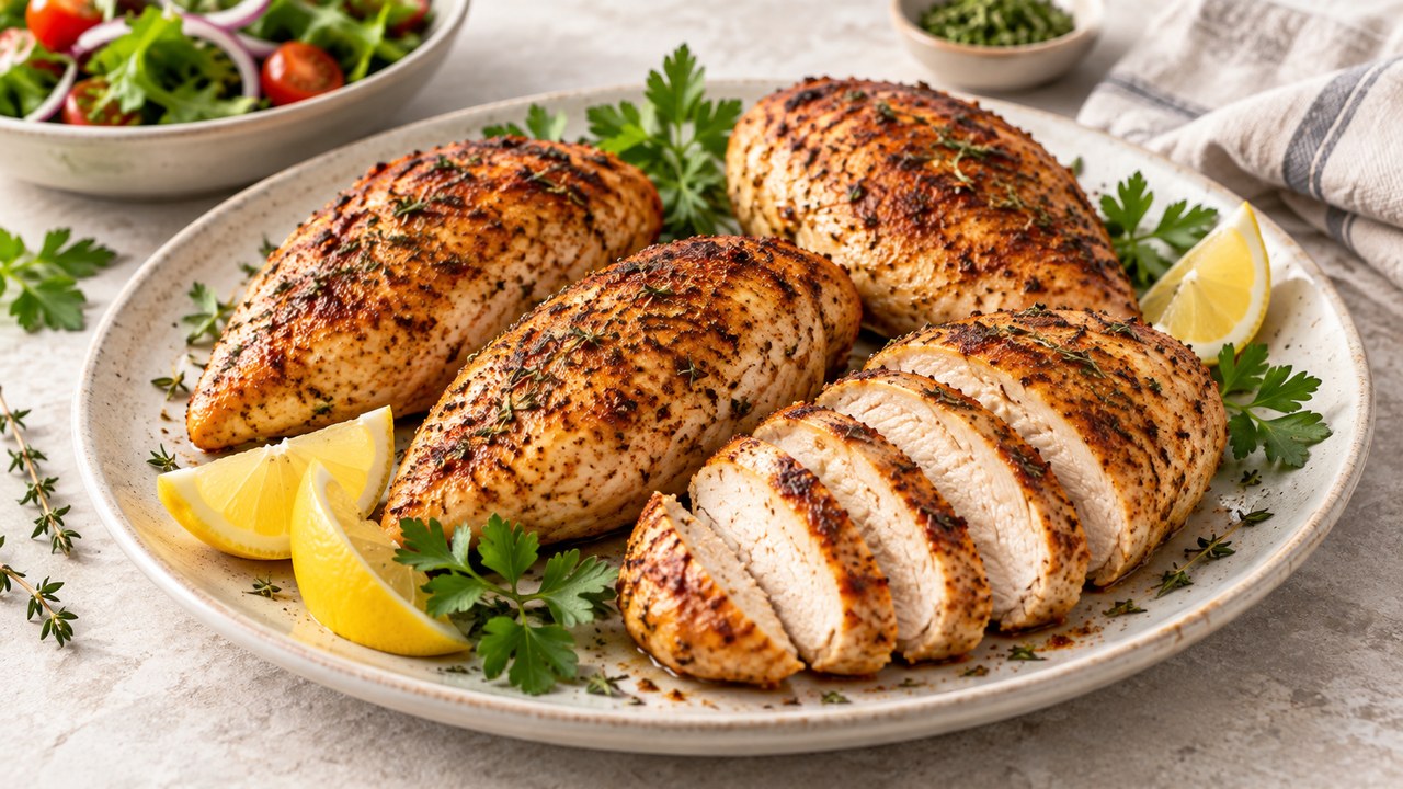 Pechuga de pollo jugosa cortada de la freidora de aire con hierbas y limón
