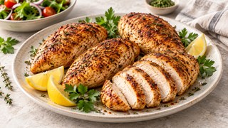 Poitrine de poulet juteuse coupée de l’Air Fryer avec des herbes et du citron