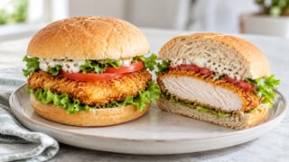 Hamburguesa de pollo empanado con lechuga, tomate y salsa de yogur y mostaza