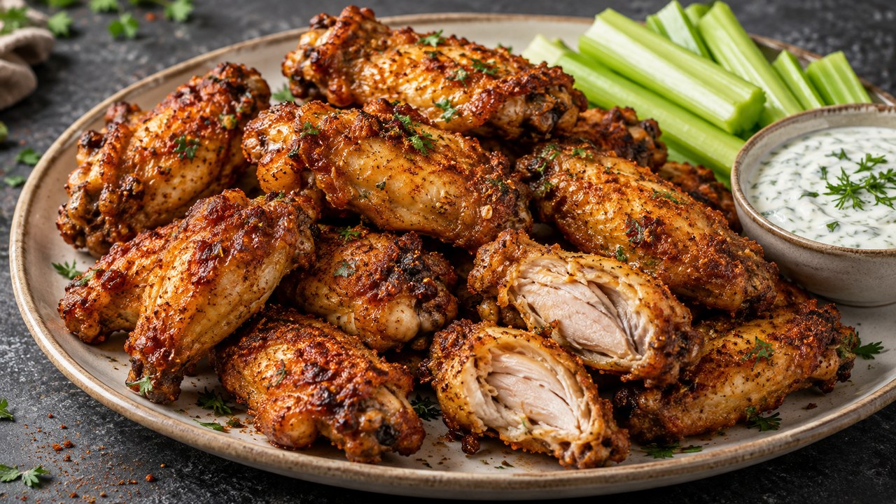 Ali croccanti di pollo dall'friggitrice ad aria con peperoni, cipolle primavera e dip