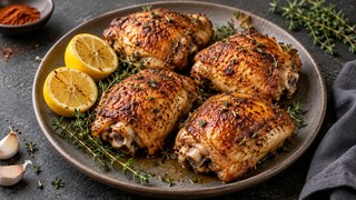 Jambes de poulet croustillantes de l’Air Fryer avec des poivrons, thym et citron