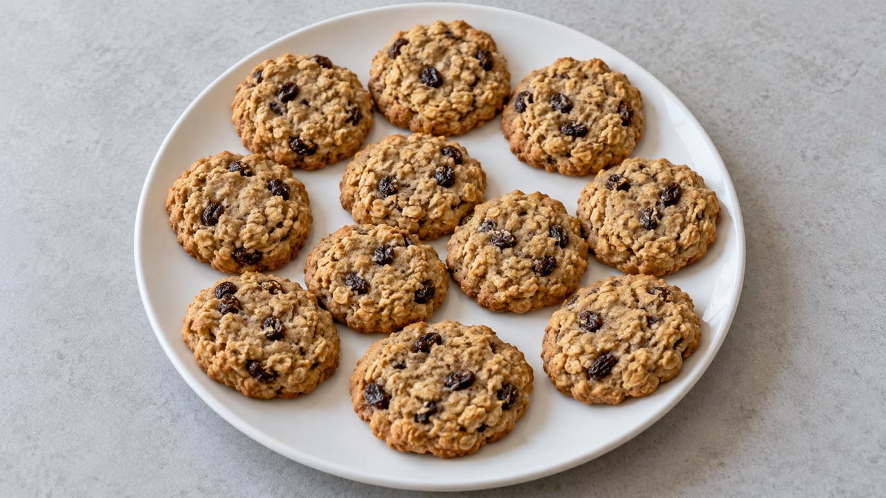 Piccoli biscotti dorati d’avena con uvetta scura nella mollica