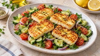 tranches d'Halloumi dorées de l’Air Fryer avec salade de tomate de concombre, citron et origan