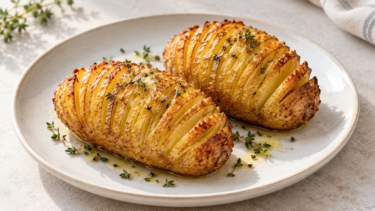 Dos patatas Hasselback doradas con mantequilla y tomillo