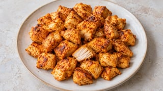 Cubetti di pollo dorati con crosta sottile di yogurt e paprika