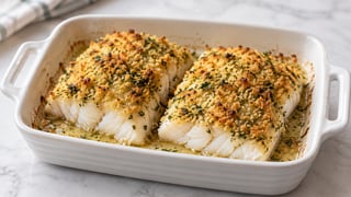 Dos filetes de bacalao con un perejil dorado y corteza de pan rallado en un pequeño plato blanco para hornear