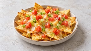 Totopos con queso fundido, dados de tomate y cebolleta