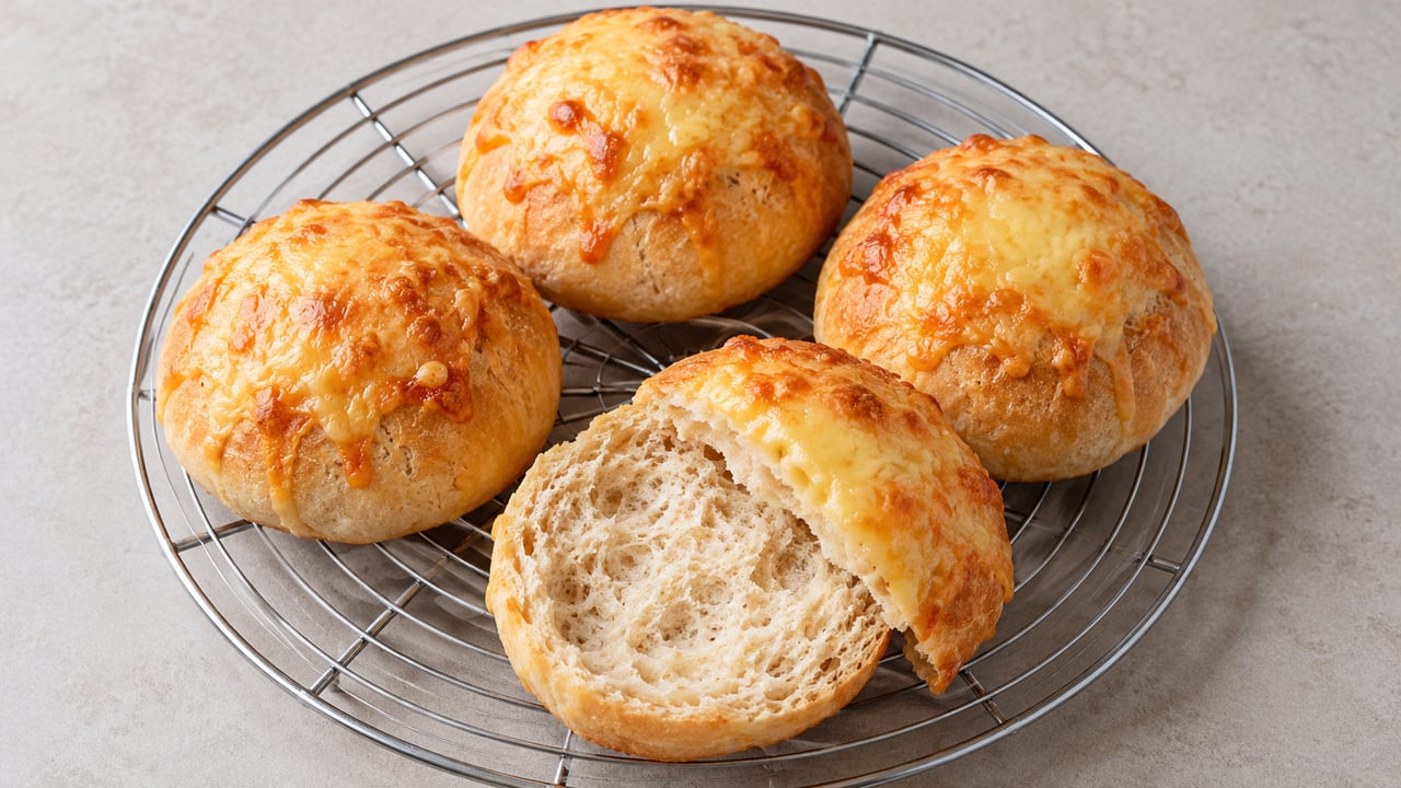 Cuatro panecillos dorados con gouda fundido