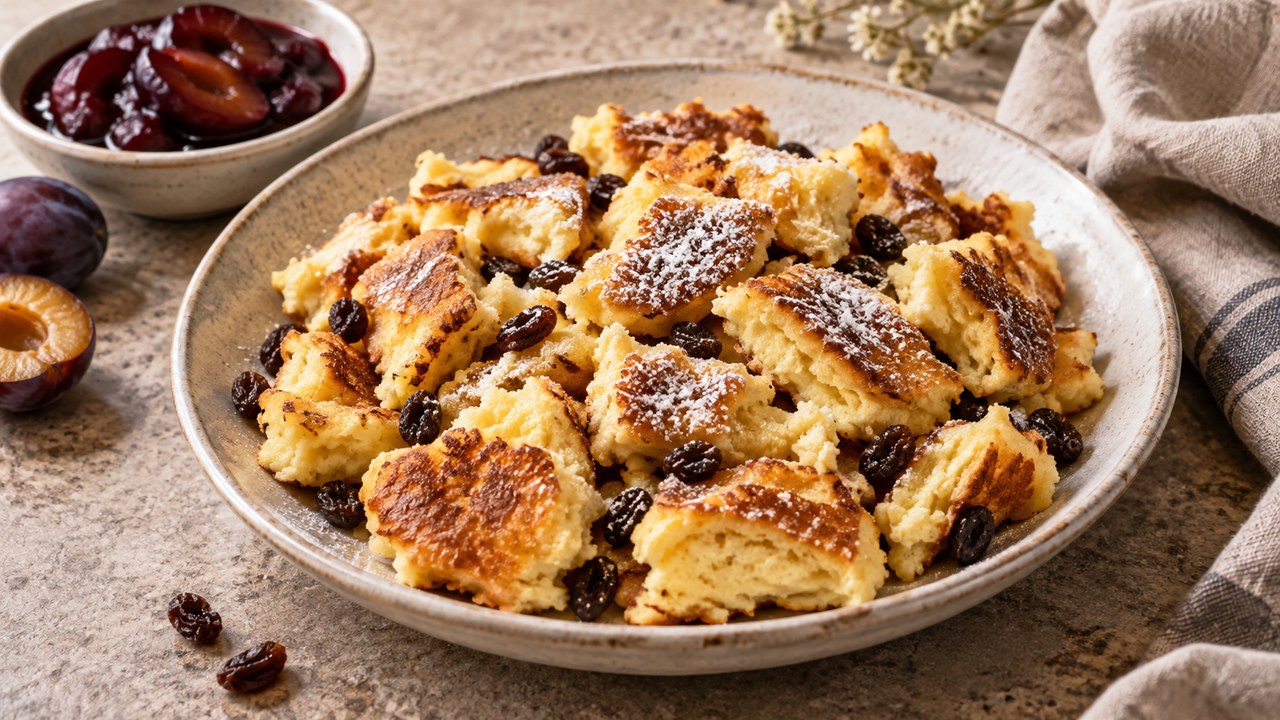 Airy Kaiserschmarrn dalla friggitrice ad aria con zucchero a velo, uvetta e composta di prugne