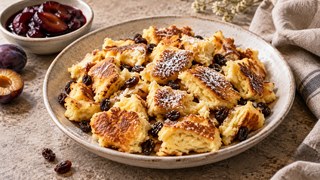 Airy Kaiserschmarrn de l’Air Fryer avec sucre en poudre, raisins secs et compote de prune