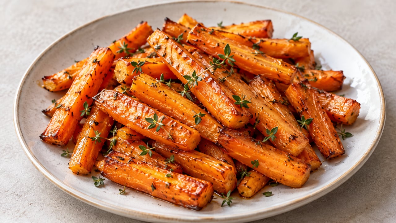 Bastoncini di carota arrosto con smalto di miele sottile e foglie di timo piccolo