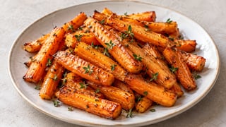 Bastoncini di carota arrosto con smalto di miele sottile e foglie di timo piccolo