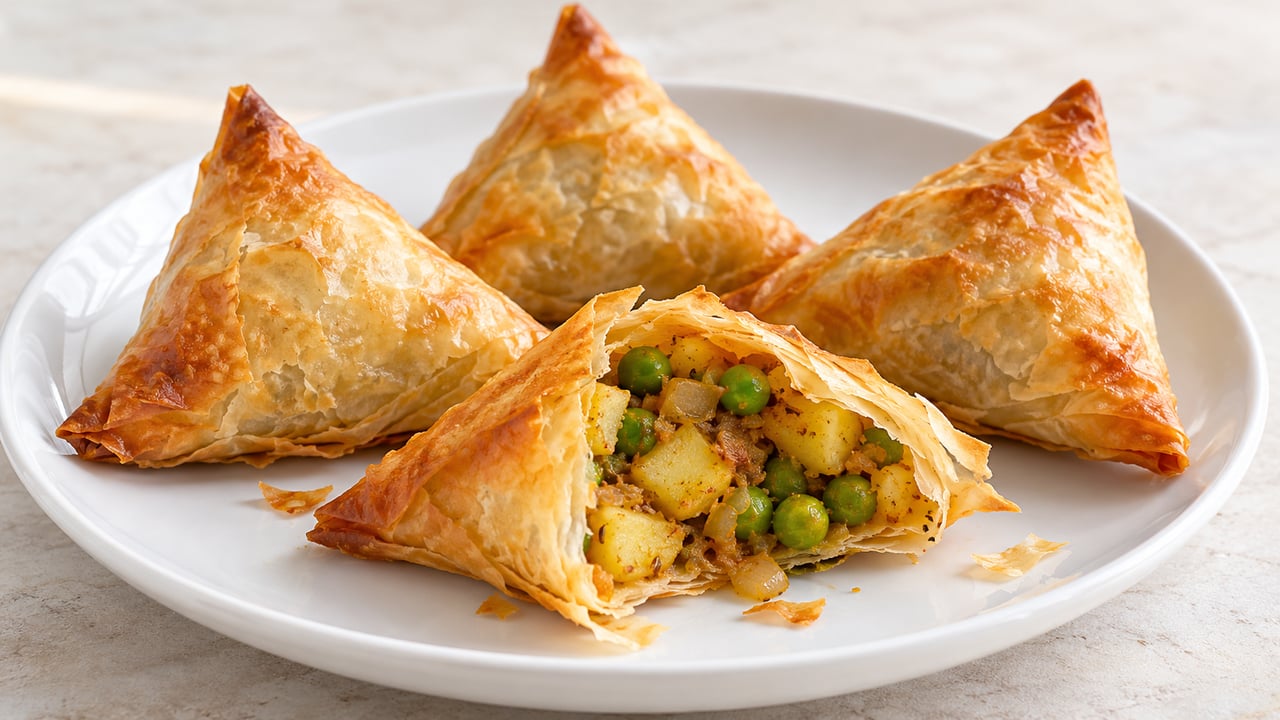 Samosa dorati di fillo con patate e piselli