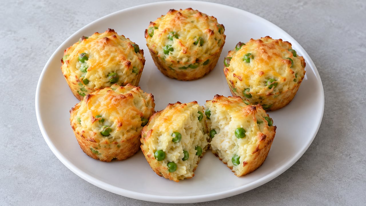 Piccoli muffin dorati di patate con piselli e formaggio