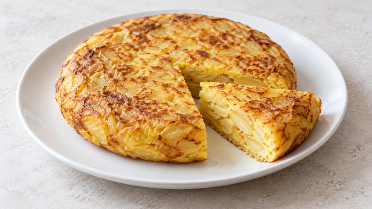 Tortilla dorata con fette tenere di patate e uovo rappreso