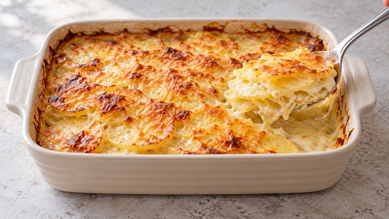 Gratin di patate con crosta dorata e strati teneri