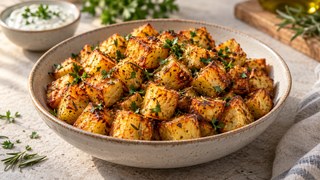 Des cubes de pommes de terre croustillants de la friteuse à l'air avec du romarin dans une coquille légère