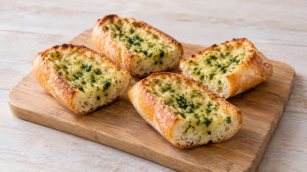 Quattro pezzi di baguette dorati con burro all’aglio e prezzemolo