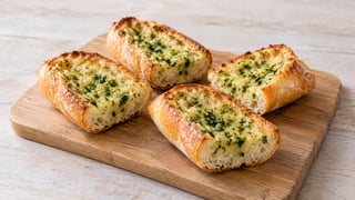 Cuatro piezas de baguette doradas con mantequilla de ajo y perejil