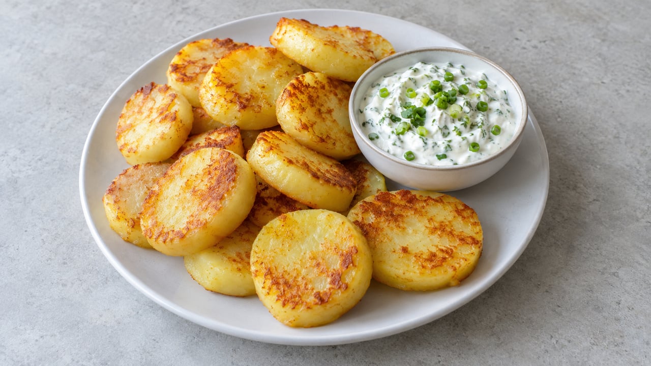 Rodajas doradas de bolas de patata con quark de hierbas