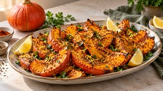 Coin de citrouille de Hokkaido rôti de l’Air Fryer avec persil et citron