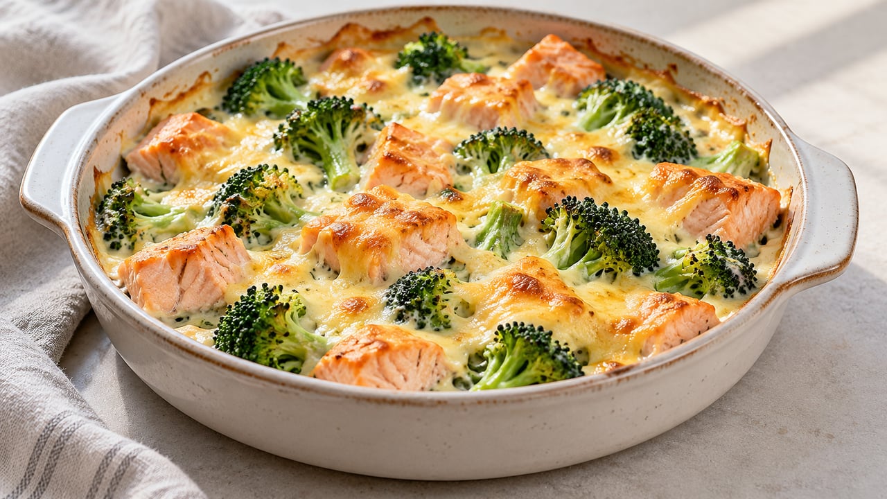 Salmone e broccoli in salsa chiara con formaggio dorato