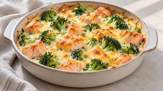 Salmón y brócoli en salsa clara con queso dorado