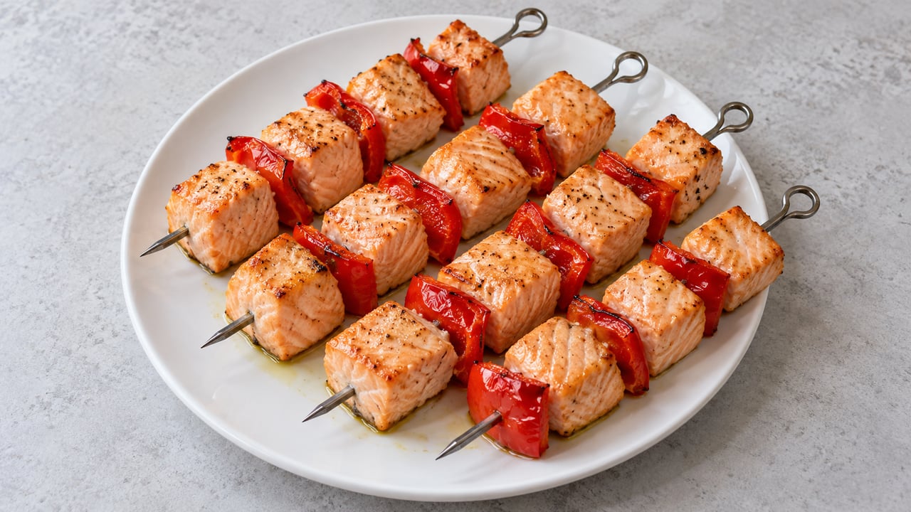 Quattro spiedini metallici corti con salmone cotto e peperone rosso