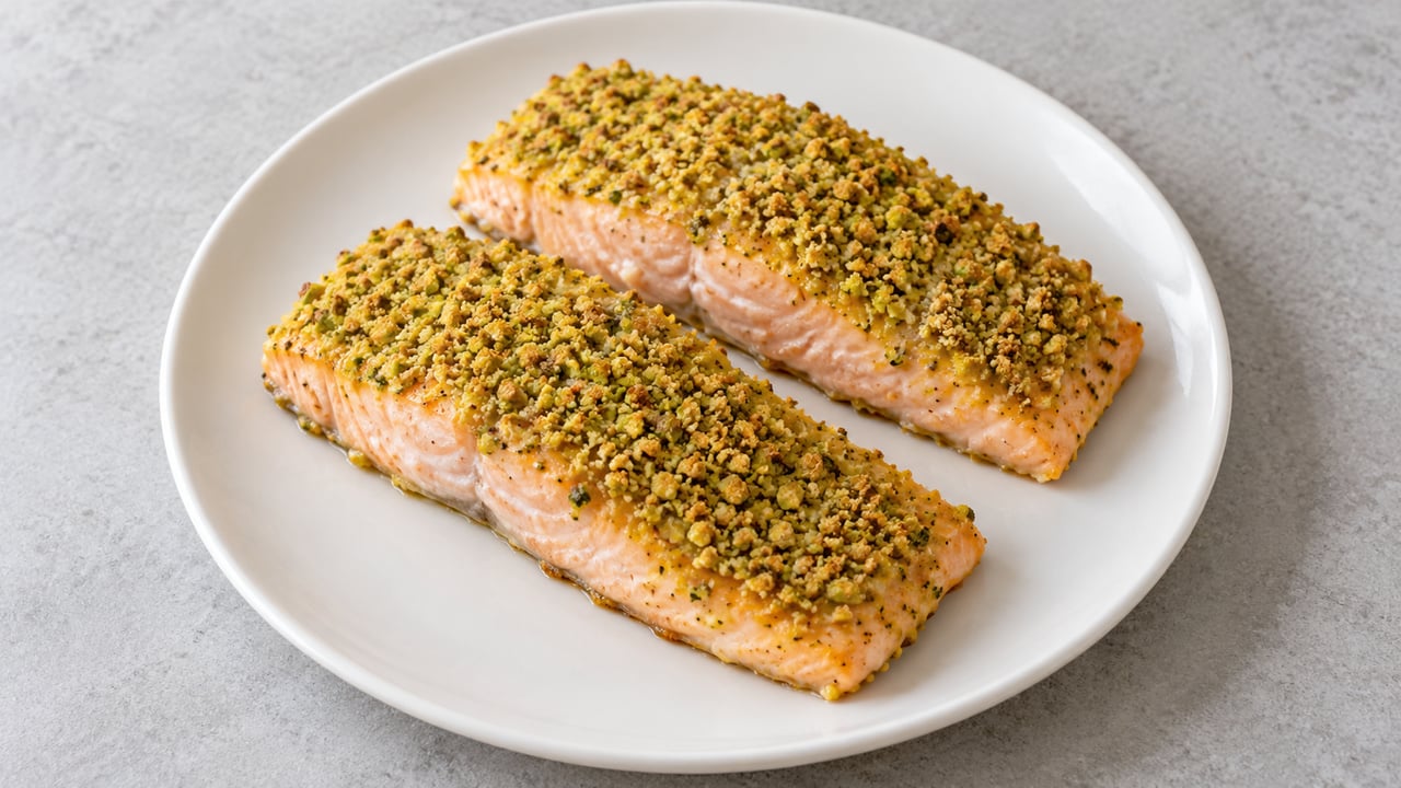 Salmone cotto con crosta sottile verde dorata di pistacchi