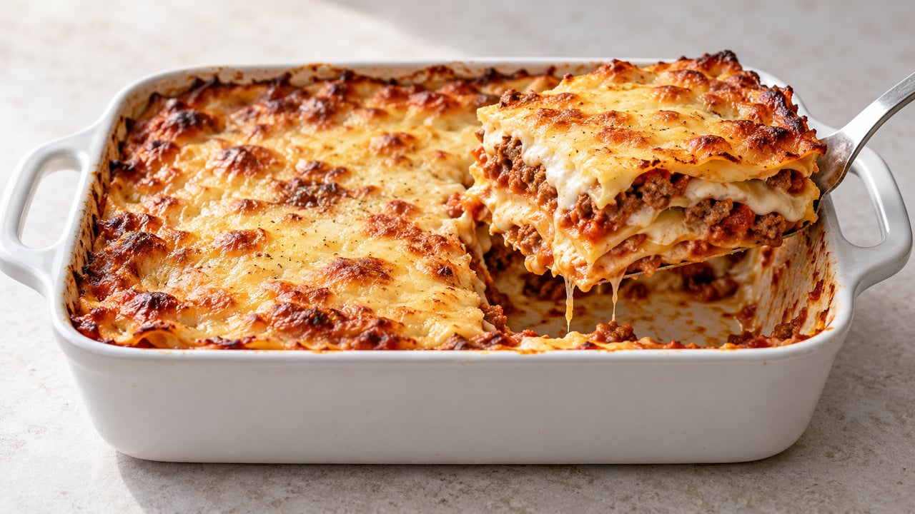 Lasaña pequeña dorada con capas visibles de pasta y vacuno