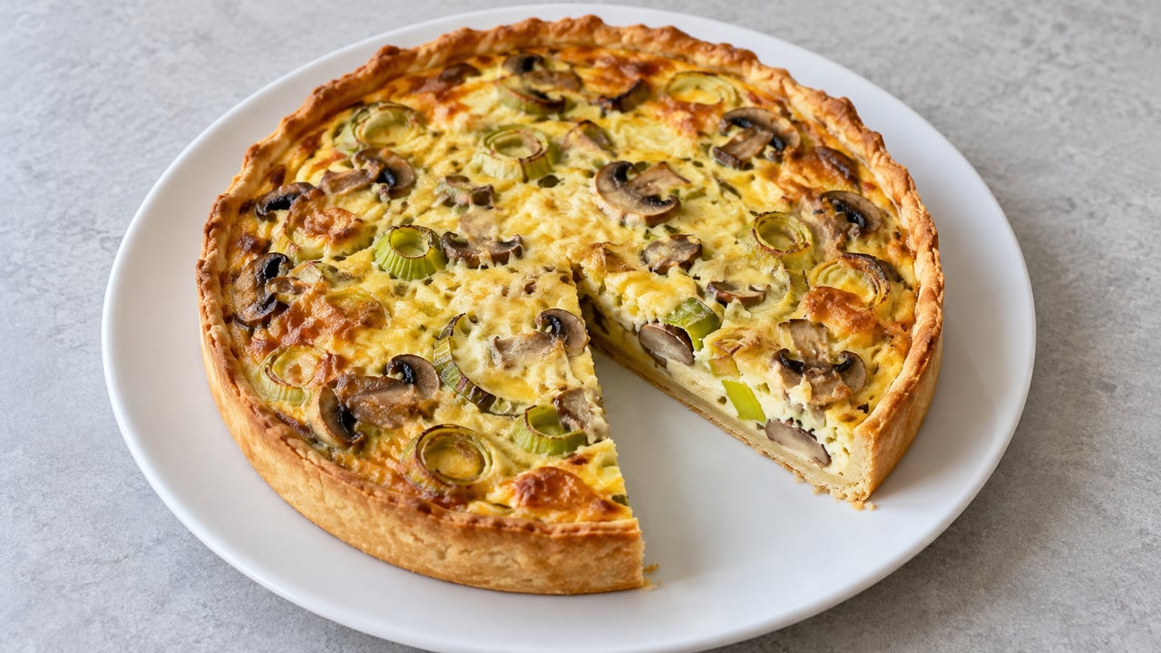 Piccola quiche tagliata con porri, funghi e ripieno dorato