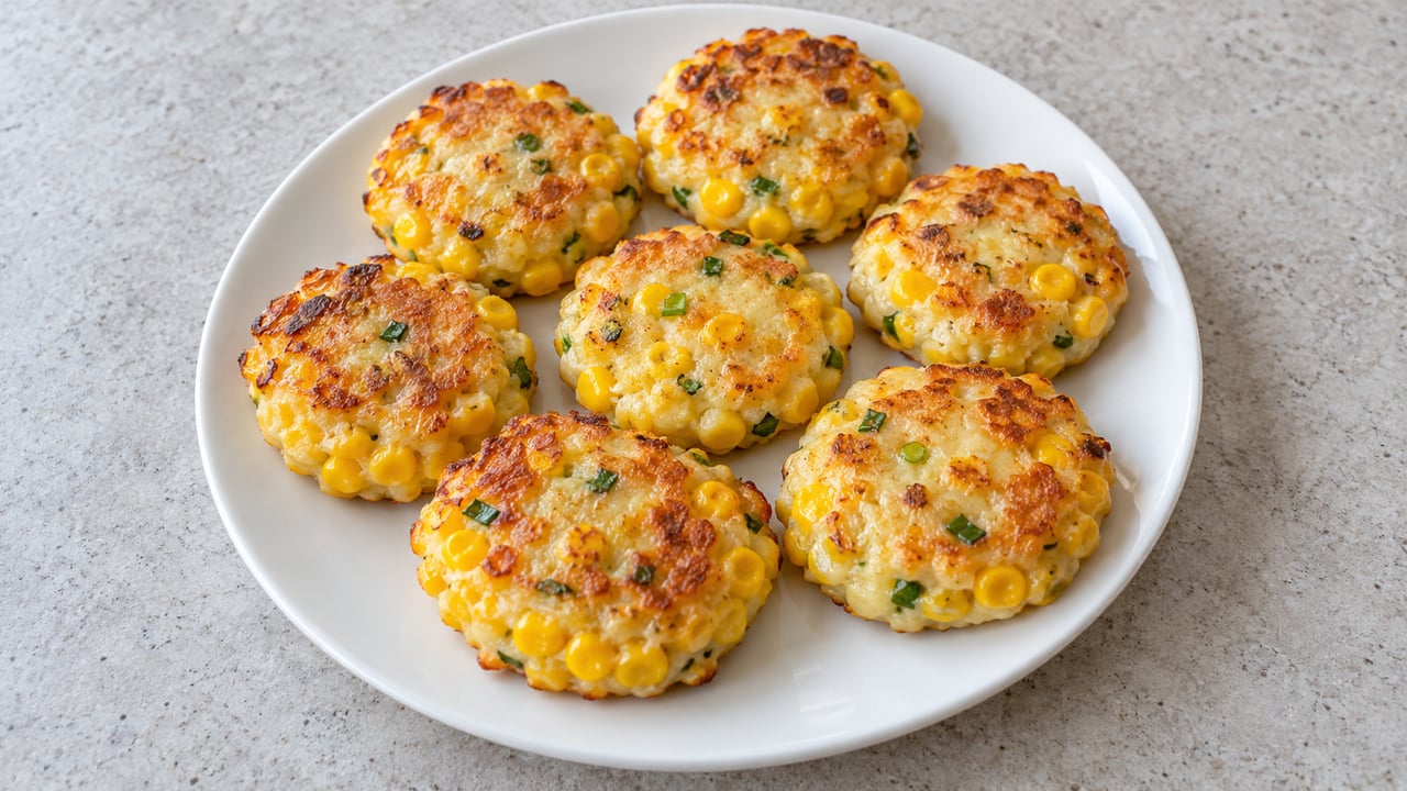 Tortini piatti dorati con mais e formaggio visibili