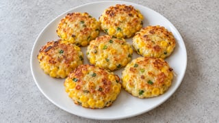 Tortitas planas doradas con maíz y queso visibles