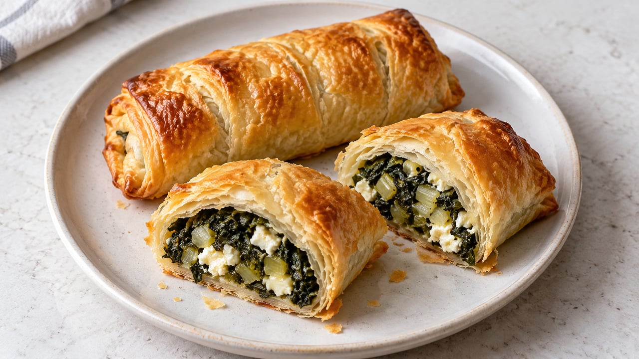 Strudel di sfoglia dorato tagliato con bietole e feta