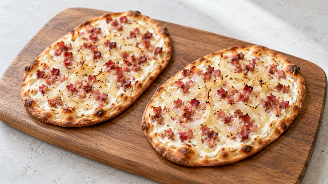 Due piccoli flammkuchen sottili con copertura cremosa, cubetti di pancetta e strisce di cipolla fini