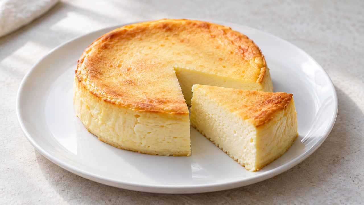 Piccola cheesecake senza base con superficie dorata e interno chiaro rappreso