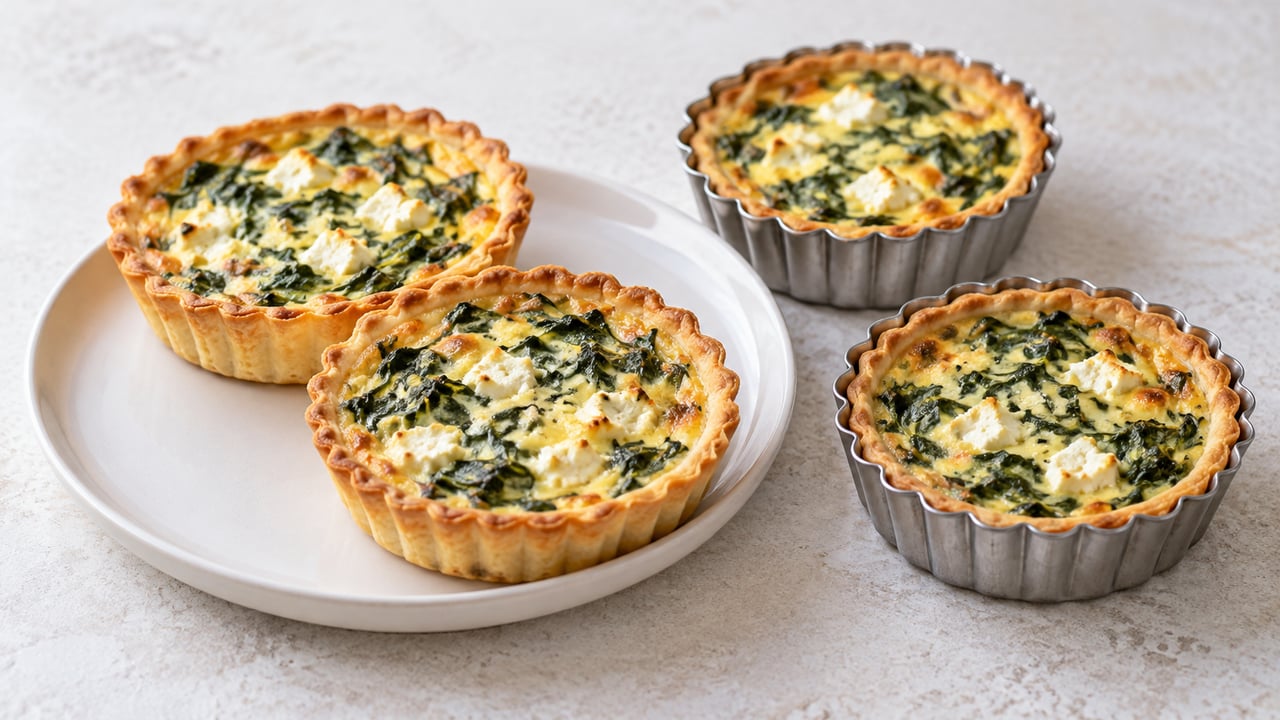 Quattro mini quiche con pasta dorata, spinaci e feta