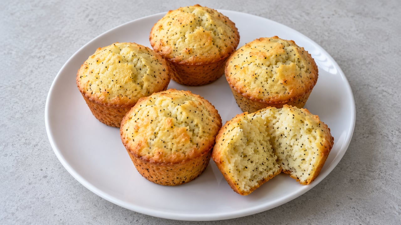 Piccoli muffin dorati chiari con punti scuri di papavero