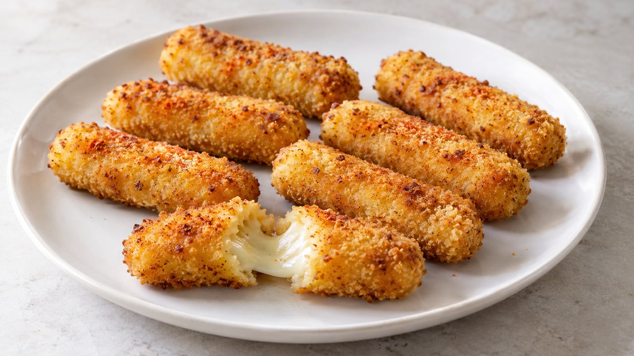 Ocho palitos de mozzarella marrón dorado, uno con núcleo de queso visiblemente derretido