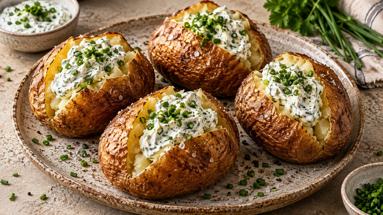 Patatas abiertas del horno de la freidora de aire con cáscara crujiente, quark con hierbas y cebollino