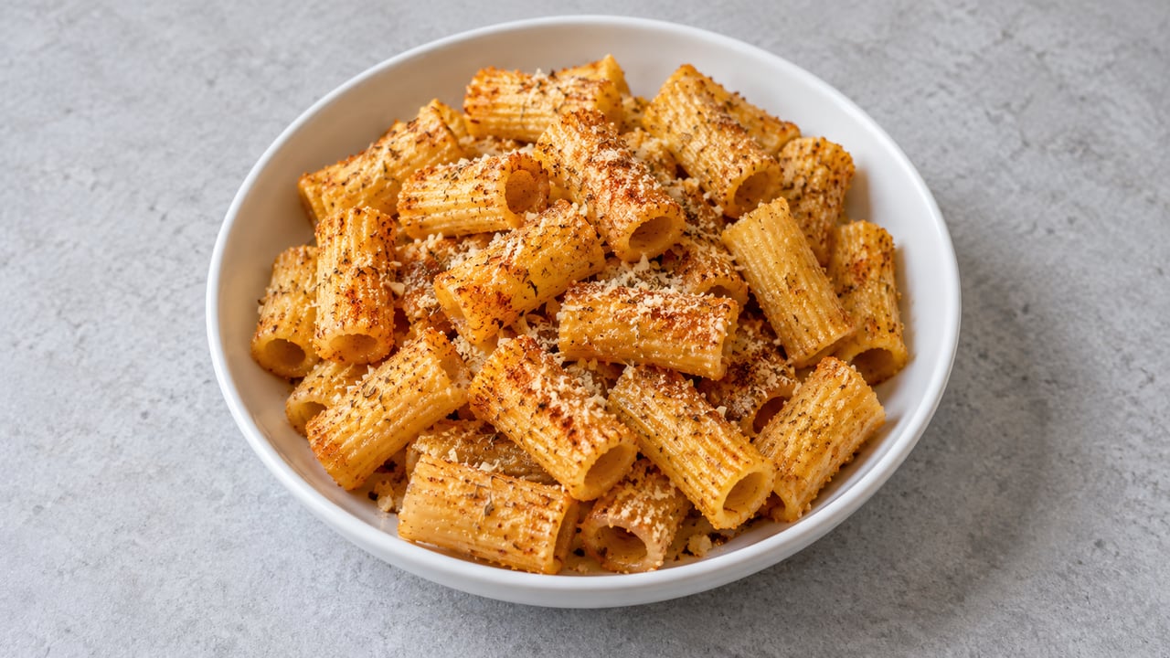 Tubos cortos de pasta tostados con parmesano fino y pimentón